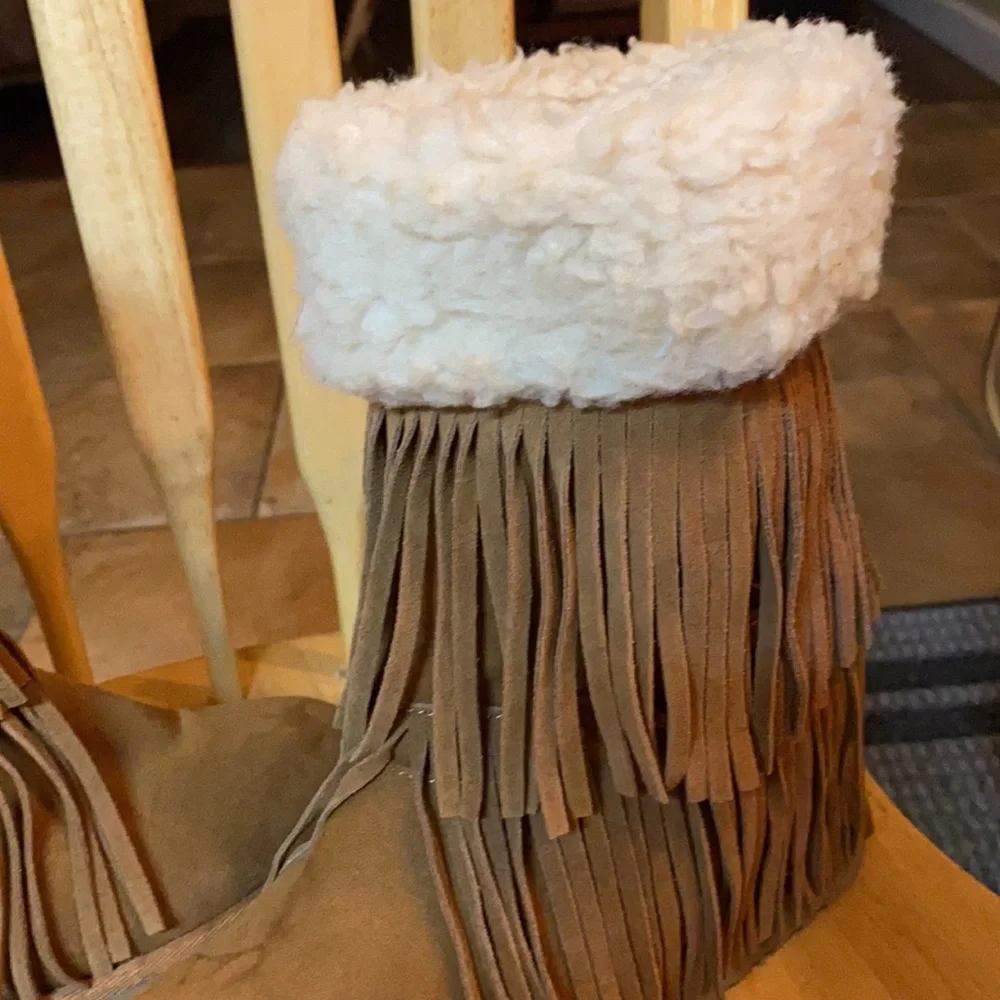 Madden Girl Tan Fringe Winter Boots with Cream Sherpa Cuff